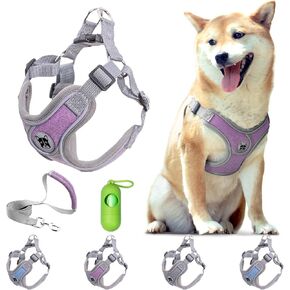 Patas Lague Dog Harness with Leash Set for Medium Dogs, No Pull No Choke Reflective Step in X Head Pet Harness Vest with Poop Bags and Dispenser, Adjustable and Padded, Grey Large