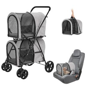 Double Pet Stroller for Dogs and Cats with 2 Detachable Carrier, Quick-Folding Dog Stroller for Medium Small Dogs Cats, 4 Wheels, Black