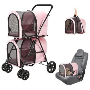 Double Pet Stroller for Dogs and Cats with 2 Detachable Carrier, Quick-Folding Dog Stroller for Medium Small Dogs Cats, 4 Wheels, Black