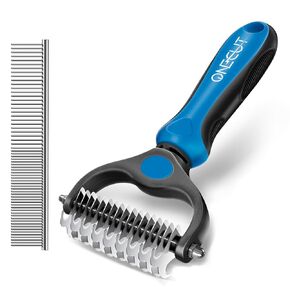 OneCut Pet Grooming Brush and Metal Comb Combo, Pet Grooming Rake and Brushes for Small, Medium & Large Dogs Double Sided Deshedding Tool Removes Knots and Tangled Hair (Red)