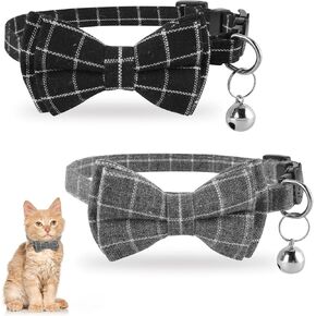 2Pcs Cat Collar Breakaway, Cat Collar with Bells Bowtie Plaid Cat Collar Adjustable for Kitten Puppy and Small Pets (Black and gray plaid)