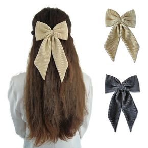 Handcrafted Ribbon Barrette Hair Bows - Set of 2 | Elegant Hair Clips for Women, Stylish Hair Ties for Girls, Hair Styling Accessories in Black & Beige
