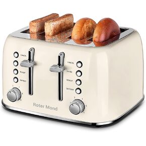 Toaster 4 Slice, Roter Mond Retro Stainless Steel Toaster with Extra Wide Slots Bagel, Defrost, Reheat Function, Dual Independent Control Panel, Removable Crumb Tray, 6 Browning Levels, Cream White
