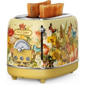 Hazel Quinn X Eduardo Recife Collaboration 2-Slice Retro Toaster, 6 Browning Levels, 3 Functions-Defrost/Reheat/Cancel, Removable Crumb Tray for Easy to Clean, 1.5 Inches Extra Wide Slots
