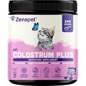 Zenapet Cat Colostrum Plus Superfood Supplement, 240 Day Supply Bovine Colostrum Powder, Cat Probiotic for Immune Support, Digestive Health, Allergy Relief, Joint Support, and Skin/Coat Health