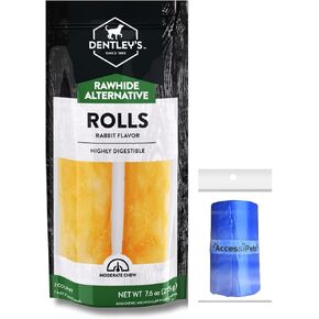 Dog Chews Dentley's Rawhide Free Alternative 7 Inch Retriever Rolls Highly Digestible for All Sized Dogs Bundle with 1 Dog Waste Roll (Rabbit, 2 Count)