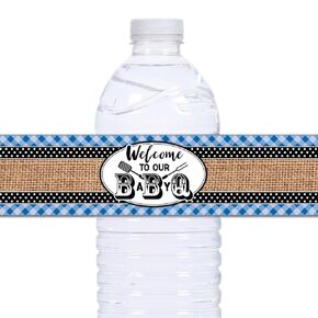 21 BBQ Baby Q Shower Waterproof Self Adhesive Water Bottle Labels - Blue