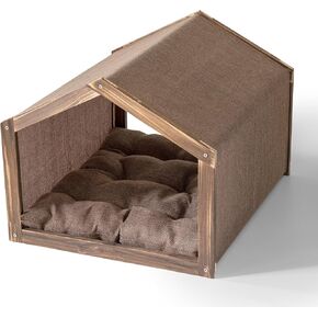 Dog House with Wooden Frame for Small Dogs or Cats Pet House with Fabric Cushion for Indoor (Brown)