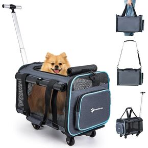 MIU COLOR Pet Carrier with Wheels, Airline & TSA Approved, Foldable Cat/Dog Travel Soft Carrier Bag, Rolling Pet Backpack with Telescopic Handle, Shoulder Strap & Unique Safety Buckle, Grey