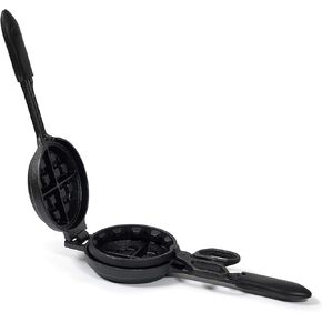 Cast Iron Stuffed Waffle Iron - Pre-Seasoned, 5" Dia, 2" Thick Round - Non-Stick Belgian Waffle Maker w/Heat-Resistant Handles – Classic Waffle Maker Compatible w/Gas, Electric, Induction & More