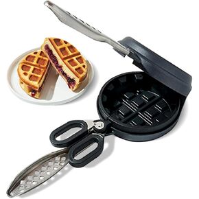 Cast Iron Stuffed Waffle Iron - Pre-Seasoned, 5" Dia, 2" Thick Round - Non-Stick Belgian Waffle Maker w/Heat-Resistant Handles – Classic Waffle Maker Compatible w/Gas, Electric, Induction & More