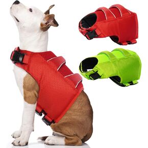 DENTRUN High Visibility Dog Life Jacket, Dog Life Vest for Swimming Boating Puppy Life Preserver Floatation Safety Pool Lake Reflective Float Coat Wetsuit & Rescue Handle for Extra Small Dog, Red