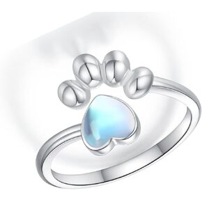 OHAYOO Dog Paw Print Ring for Women 925Sterling Silver Paw Print Moonstone Open Ring Adjustable Pet Puppy Paw Ring Jewelry for Women