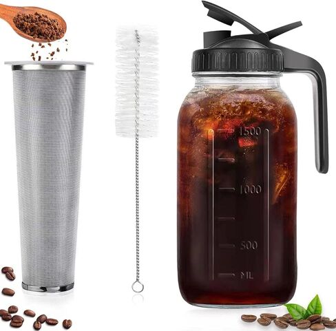 ماكينة صنع القهوة الباردة، إبريق قهوة مثلج واسع الفم بسعة 64oz، مع مقبض وفلتر من الفولاذ المقاوم للصدأ، زجاج متين، إبريق جرة ميسون قوي، للقهوة المثلجة والشاي والليمون ومشروبات الفاكهة in Saudi Arabia