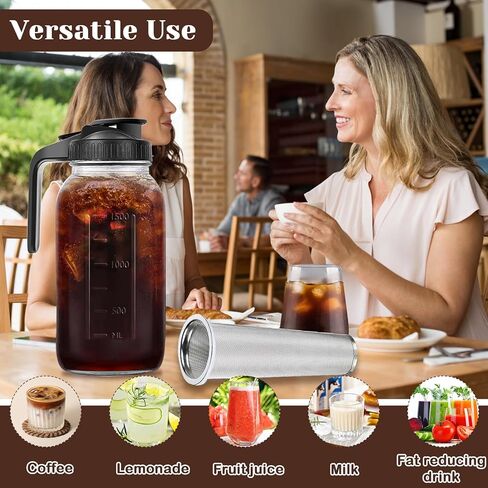 ماكينة صنع القهوة الباردة، إبريق قهوة مثلج واسع الفم بسعة 64oz، مع مقبض وفلتر من الفولاذ المقاوم للصدأ، زجاج متين، إبريق جرة ميسون قوي، للقهوة المثلجة والشاي والليمون ومشروبات الفاكهة in Saudi Arabia