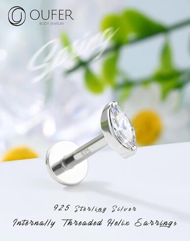 OUFER 925 Sterling Silver Helix Piercing Jewelry, 8mm Flat Back Silver Cartilage Earrings Stud, Internally Threaded CZ Conch Tragus Helix Earrings, 16G Labret Lip Rings For Women Men Gift (Silver-8mm) in Saudi Arabia