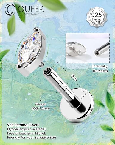 OUFER 925 Sterling Silver Helix Piercing Jewelry, 8mm Flat Back Silver Cartilage Earrings Stud, Internally Threaded CZ Conch Tragus Helix Earrings, 16G Labret Lip Rings For Women Men Gift (Silver-8mm) in Saudi Arabia
