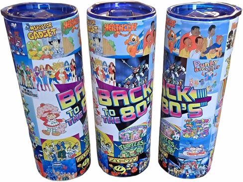 Back to the 80s Eighties 1980 Cartoon Characters Themed Deluxe Custom Tumbler Cup - 20 oz Stainless Steel Skinny with Lid and Straw - Comes with Blue Lid and Black Anti-Slip Bottom in Saudi Arabia