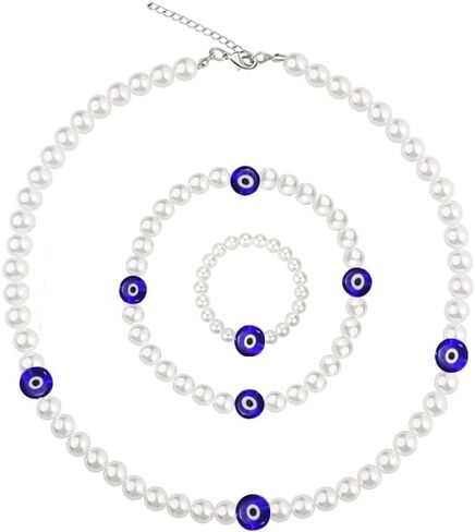 Pearl Evil Eye Choker Necklace Bracelet Ring Set- Simulated Pearl Necklace for Women Bohemian Beads Pearl Choker Adjustable Jewelry Gift for women (Set) in Kuwait