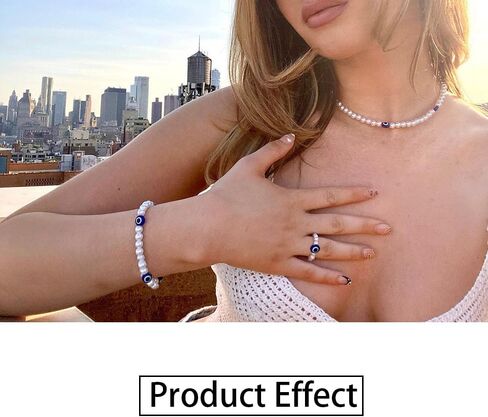 Pearl Evil Eye Choker Necklace Bracelet Ring Set- Simulated Pearl Necklace for Women Bohemian Beads Pearl Choker Adjustable Jewelry Gift for women (Set) in Kuwait
