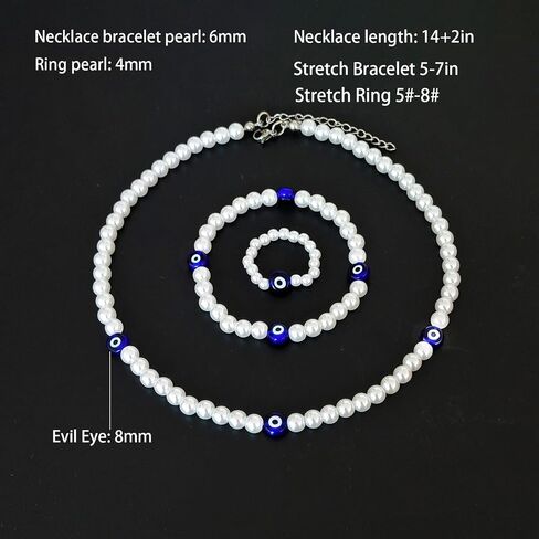 Pearl Evil Eye Choker Necklace Bracelet Ring Set- Simulated Pearl Necklace for Women Bohemian Beads Pearl Choker Adjustable Jewelry Gift for women (Set) in Kuwait