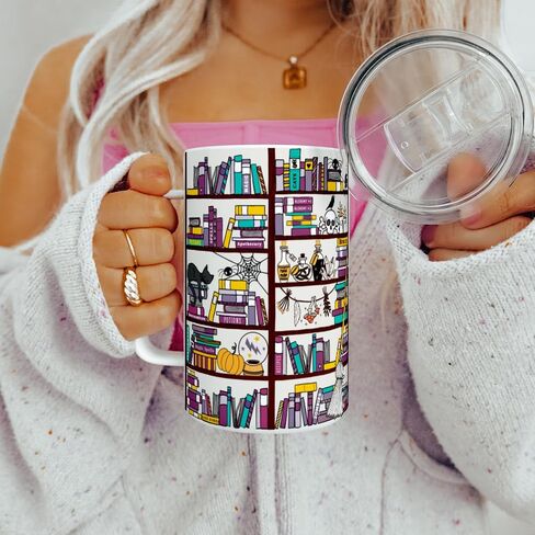 Spooky Halloween Book Library Travel Tumbler Coffee Mug with Lid, Gothic Witchy Bookish Gifts, Librarian Bookshelf Bookworm Bibliophile Cup (18oz) in Saudi Arabia