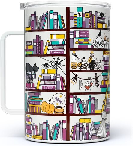 Spooky Halloween Book Library Travel Tumbler Coffee Mug with Lid, Gothic Witchy Bookish Gifts, Librarian Bookshelf Bookworm Bibliophile Cup (18oz) in Saudi Arabia