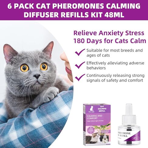Cat Pheromones Calming Diffuser Refill, 6 Pack Cat Calming Diffuser Refills Kit, Relieve Anxiety Stress 180 Days for Cats Calm, 48ml Fit All Common Diffusers Plug in in Kuwait