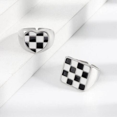 Checkered Ring Black and White Checkered Ring for Women Minimalist Checkerboard Ring Geometric Heart Ring Stylish Open Adjustable Rings for Teens Gift in Saudi Arabia
