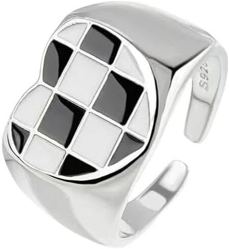 Checkered Ring Black and White Checkered Ring for Women Minimalist Checkerboard Ring Geometric Heart Ring Stylish Open Adjustable Rings for Teens Gift in Saudi Arabia