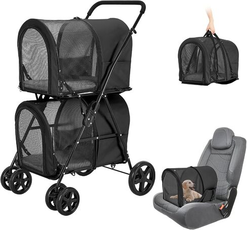 Double Pet Stroller for Dogs and Cats with 2 Detachable Carrier, Quick-Folding Dog Stroller for Medium Small Dogs Cats, 4 Wheels, Black in Saudi Arabia