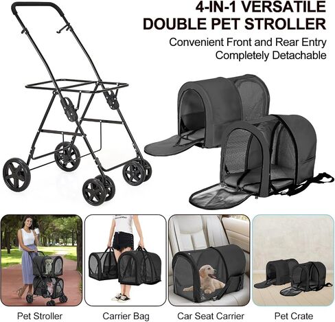 Double Pet Stroller for Dogs and Cats with 2 Detachable Carrier, Quick-Folding Dog Stroller for Medium Small Dogs Cats, 4 Wheels, Black in Saudi Arabia