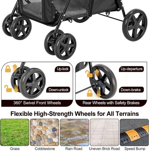 Double Pet Stroller for Dogs and Cats with 2 Detachable Carrier, Quick-Folding Dog Stroller for Medium Small Dogs Cats, 4 Wheels, Black in Saudi Arabia