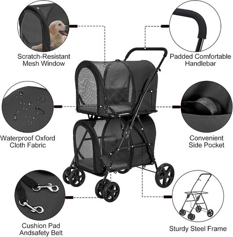 Double Pet Stroller for Dogs and Cats with 2 Detachable Carrier, Quick-Folding Dog Stroller for Medium Small Dogs Cats, 4 Wheels, Black in Saudi Arabia
