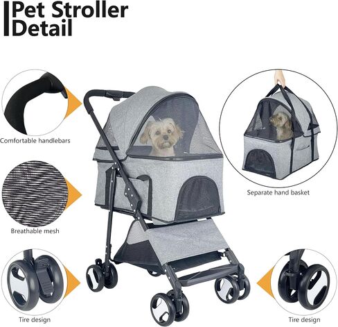 3-in-1 Dog Stroller for Medium Dogs, Foldable and Detachable Carrier Pet Stroller for 2 Dogs/Cats, Easy One-Hand Fold, Perfect for Dogs & Cats, up to 44lbs(Grey) in Saudi Arabia