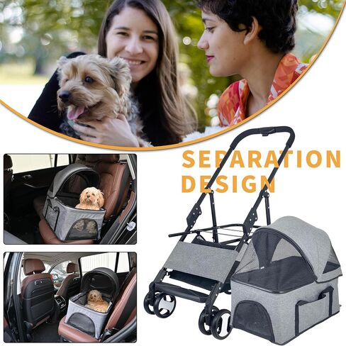 3-in-1 Dog Stroller for Medium Dogs, Foldable and Detachable Carrier Pet Stroller for 2 Dogs/Cats, Easy One-Hand Fold, Perfect for Dogs & Cats, up to 44lbs(Grey) in Saudi Arabia