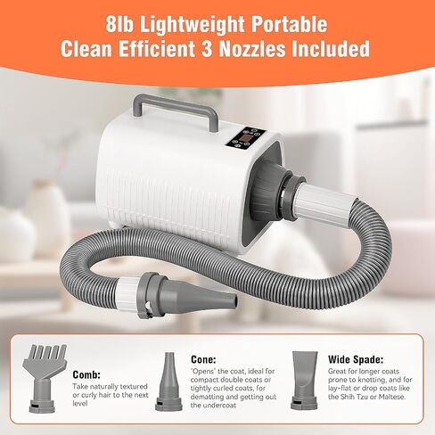 Dog Blow Dryer Quick-Drying, Ionic Dog Hair Dryer Blower with Heater, High Velocity Dog Dryer for Pet Grooming, Cat Dryer, 9 Heat & Speed Settings, 3 Nozzles - Grey in Saudi Arabia