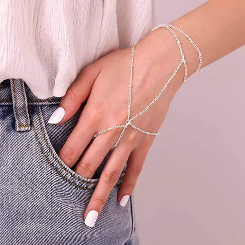 Hand Chain Bracelet Ring Bracelet Hand Chain Simple Gold Finger Bracelet Ring Hand Chain Slave Bracelets Dainty Boho Summer Beach Jewelry Gifts for Women(Gold, Style C) in Saudi Arabia