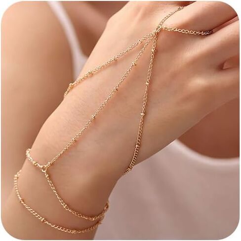 Hand Chain Bracelet Ring Bracelet Hand Chain Simple Gold Finger Bracelet Ring Hand Chain Slave Bracelets Dainty Boho Summer Beach Jewelry Gifts for Women(Gold, Style C) in Kuwait
