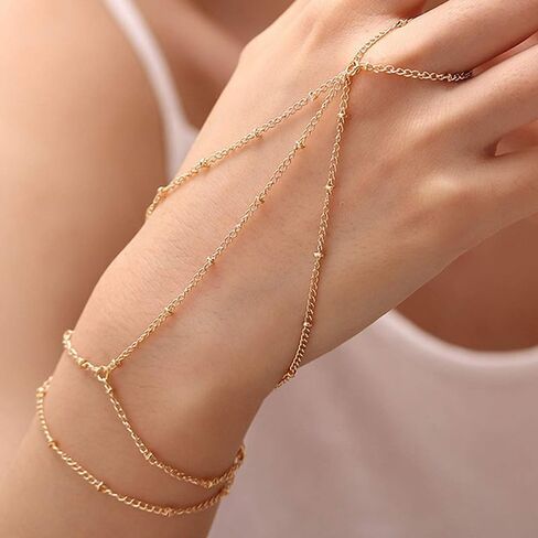 Hand Chain Bracelet Ring Bracelet Hand Chain Simple Gold Finger Bracelet Ring Hand Chain Slave Bracelets Dainty Boho Summer Beach Jewelry Gifts for Women(Gold, Style C) in Kuwait