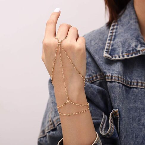 Hand Chain Bracelet Ring Bracelet Hand Chain Simple Gold Finger Bracelet Ring Hand Chain Slave Bracelets Dainty Boho Summer Beach Jewelry Gifts for Women(Gold, Style C) in Kuwait
