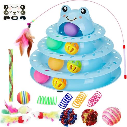 Suhaco Interactive Cat Toys for Indoor Cats Fun Roller 4 Level Cat Tower with Emoji Stickers Turntable Kittens Ball Teaser Toy (Blue) in Saudi Arabia