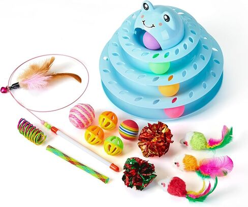 Suhaco Interactive Cat Toys for Indoor Cats Fun Roller 4 Level Cat Tower with Emoji Stickers Turntable Kittens Ball Teaser Toy (Blue) in Saudi Arabia