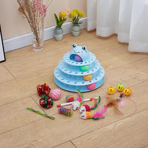 Suhaco Interactive Cat Toys for Indoor Cats Fun Roller 4 Level Cat Tower with Emoji Stickers Turntable Kittens Ball Teaser Toy (Blue) in Saudi Arabia