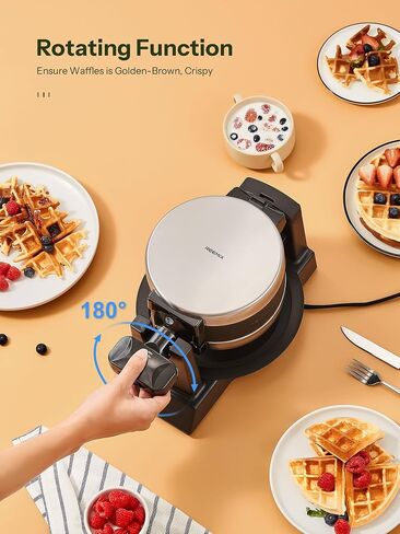 صانعة الوافل، مكواة وافل بلجيكية كلاسيكية مستديرة بتصميم دوار 180 درجة، ألواح غير لاصقة ومقبض بارد الملمس، ماكينة وافل سريعة التسخين بقدرة 1080 وات، ستانلس ستيل مصقول، فضي (4 شرائح) in Saudi Arabia