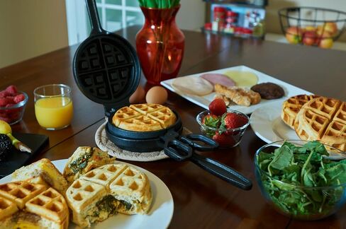 Cast Iron Stuffed Waffle Iron - Pre-Seasoned, 5" Dia, 2" Thick Round - Non-Stick Belgian Waffle Maker w/Heat-Resistant Handles – Classic Waffle Maker Compatible w/Gas, Electric, Induction & More in Saudi Arabia