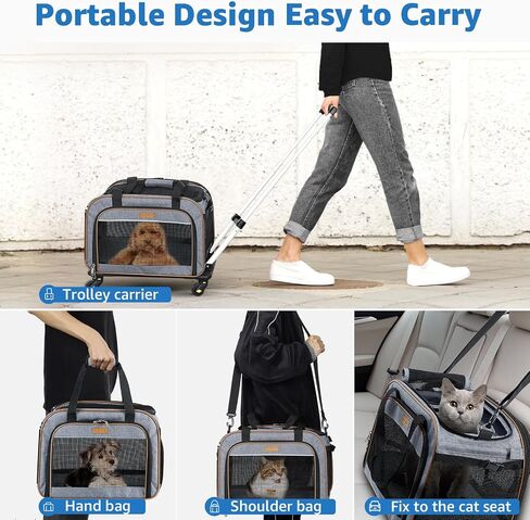 Lekebobor Pet Carrier with Wheels for Small Dogs and Cats,Airline Approved Rolling Pet Carrier with Telescopic Handle,Rolling Dog Cat Carrier,Grey in Saudi Arabia