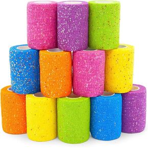 Self Adhesive Wrap, Glitter Cohesive Vet Tape for Pets (3x180 in, 12 Pack)