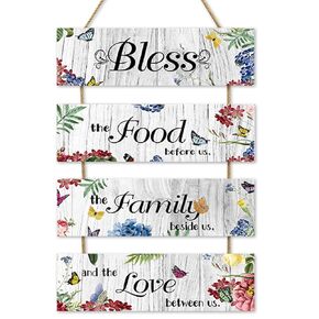 4 Pieces Bless Hanging Wall Sign, Easter Decor Sign Large Hanging Wall Sign Bless Food Family Love Signs for Kitchen Wall Decor Plaque, Home Farmhouse Rustic Décor for Kitchen Dining Room (Bless)