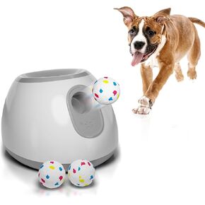 ABC Automatic Dog Ball Launcher. White Automatic Ball Thrower. ABS Automatic Ball Launcher for Small and Medium size dogs with Throwing Distance 10 ft, 20 ft, 30 ft. Dog Ball Thrower with 3 Balls